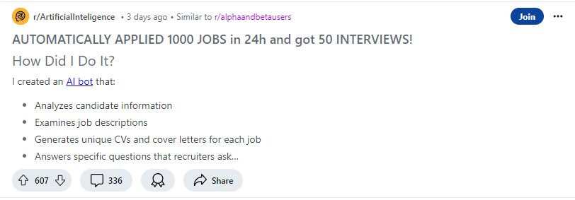 Reddit post: Automatically Applied 1000 Jobs in 24h and got 50 interviews